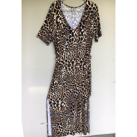 ASOS DESIGN Dress Womens 12 Brown Animal Print Maxi V Neck Short Sleeve Mob Wife - Picture 2 of 12